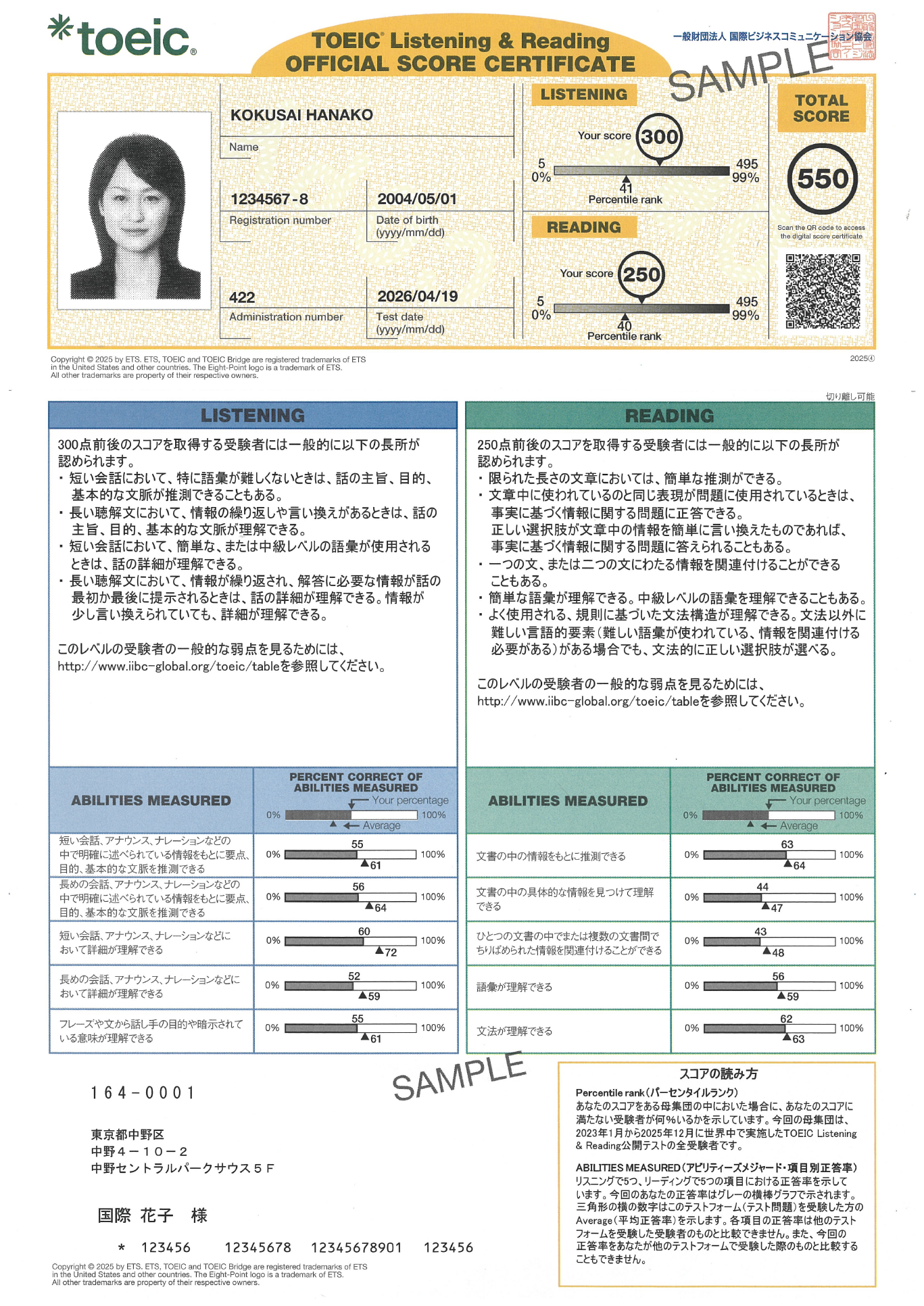 Official Score Certificate (公式認定証) : TOEIC Listening & Reading Test