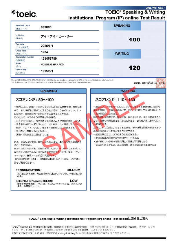 IPテスト（オンライン） テスト結果：TOEIC® Speaking & Writing Tests